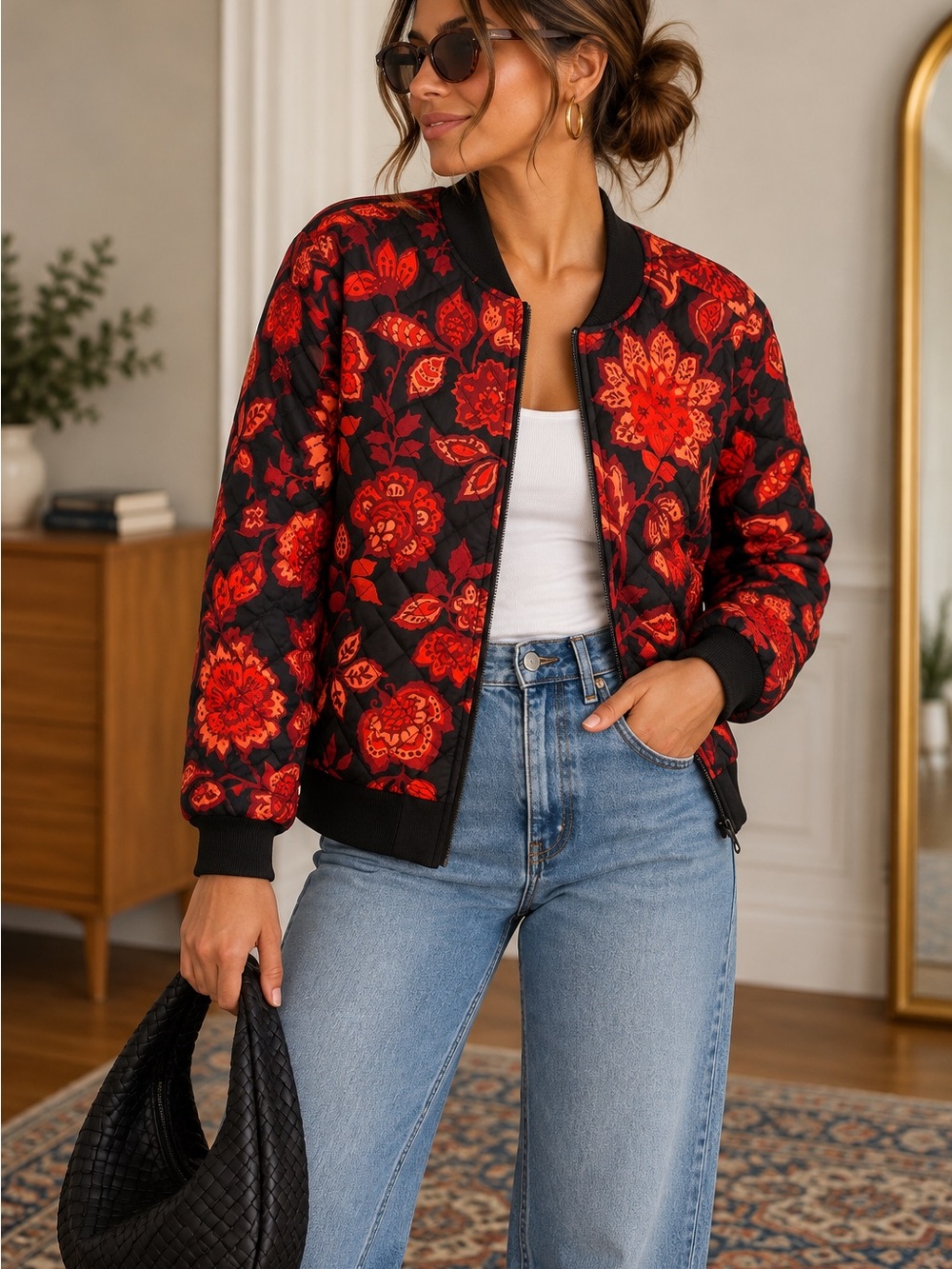 J Jason Wu Floral Quilted Bomber Jacket XS Black Red Orange
